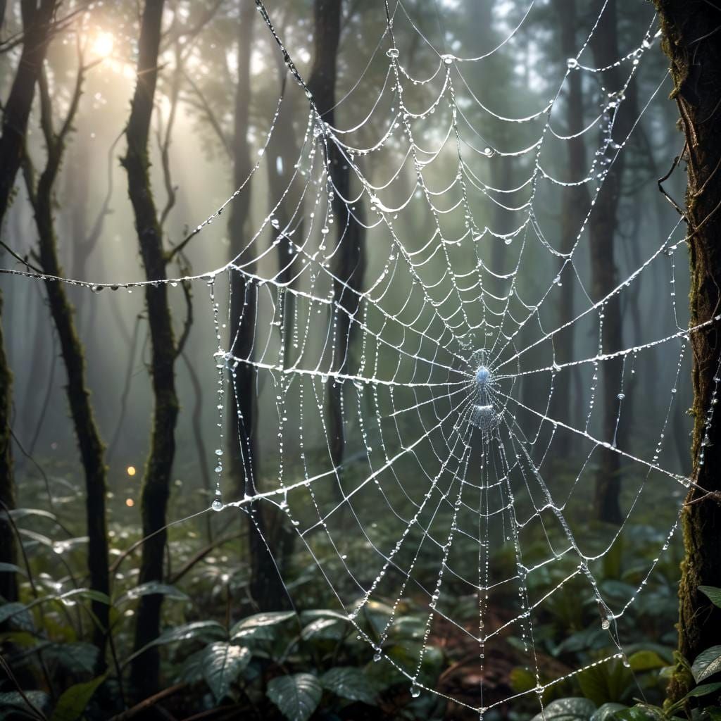 Glass Spider Weaving Dew-Covered Silver Web