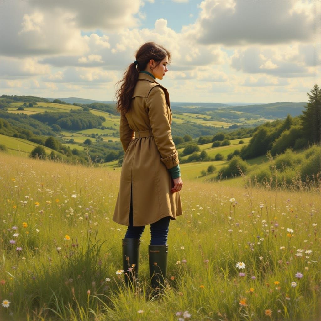 British Woman in Dorset Countryside, Impressionistic Style