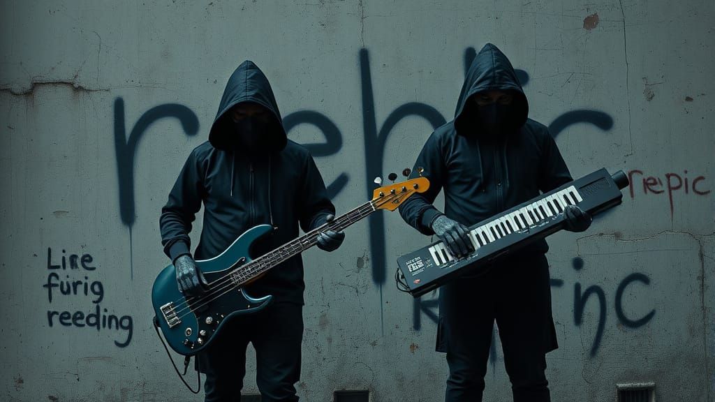 Hooded Figures with Synth Waves in Dystopian Style