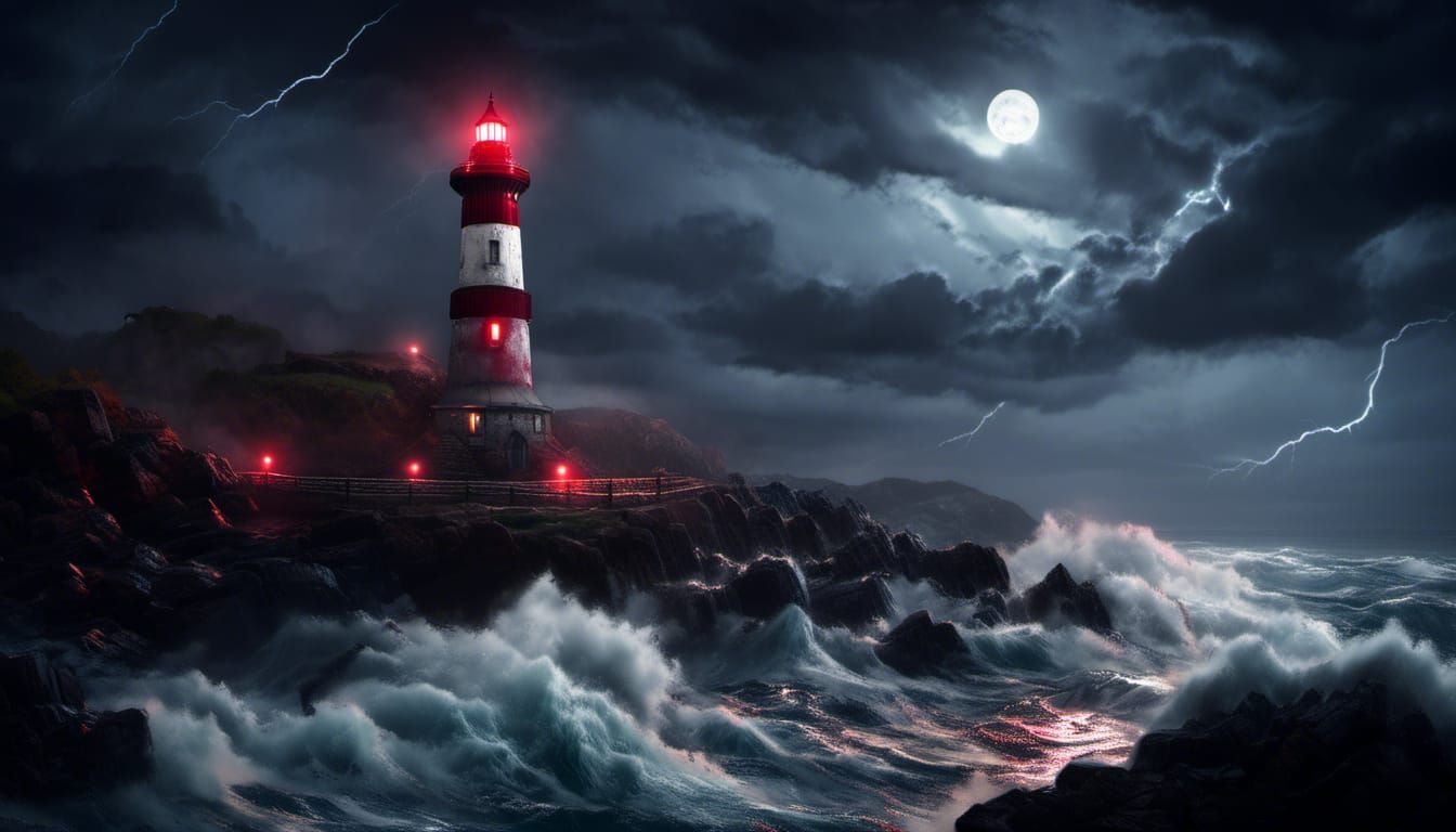 Dramatic Midnight Lighthouse Seascape in Photorealistic Styl...