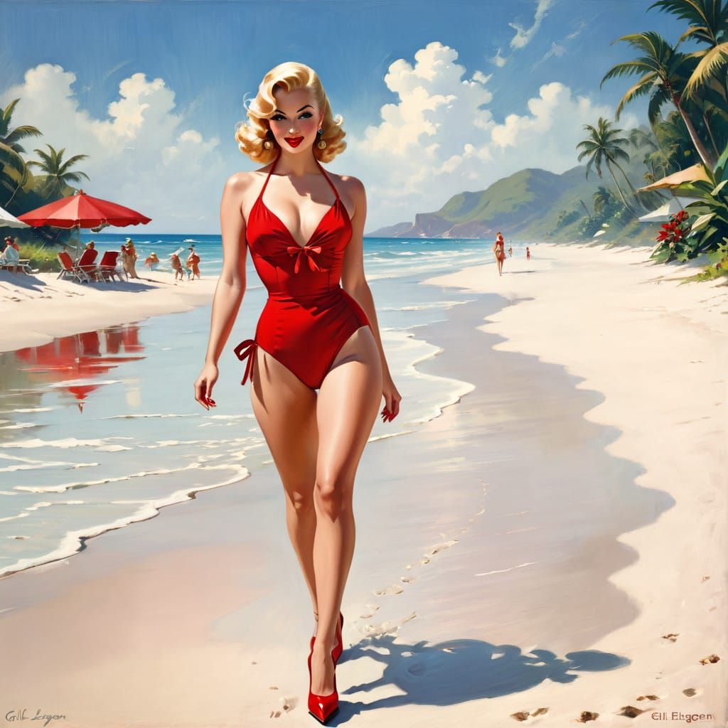 Retro Beach Beauty in Impressionistic Style