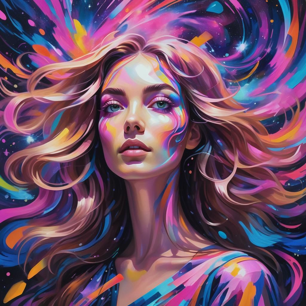Psychedelic Impressionistic Portrait of Woman with Flowing H...