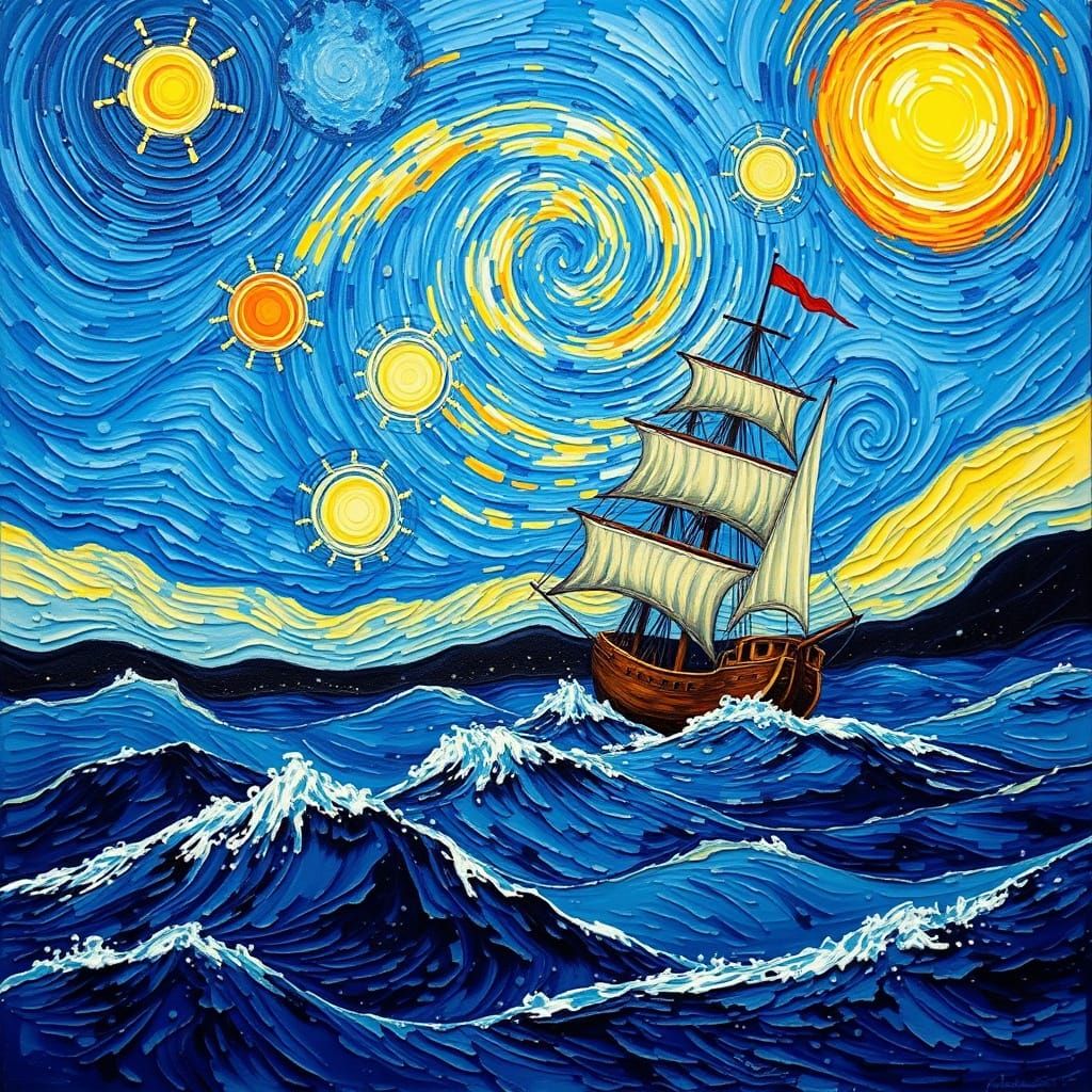 Turbulent Sea Sailing Vessel in Post-Impressionist Impasto S...