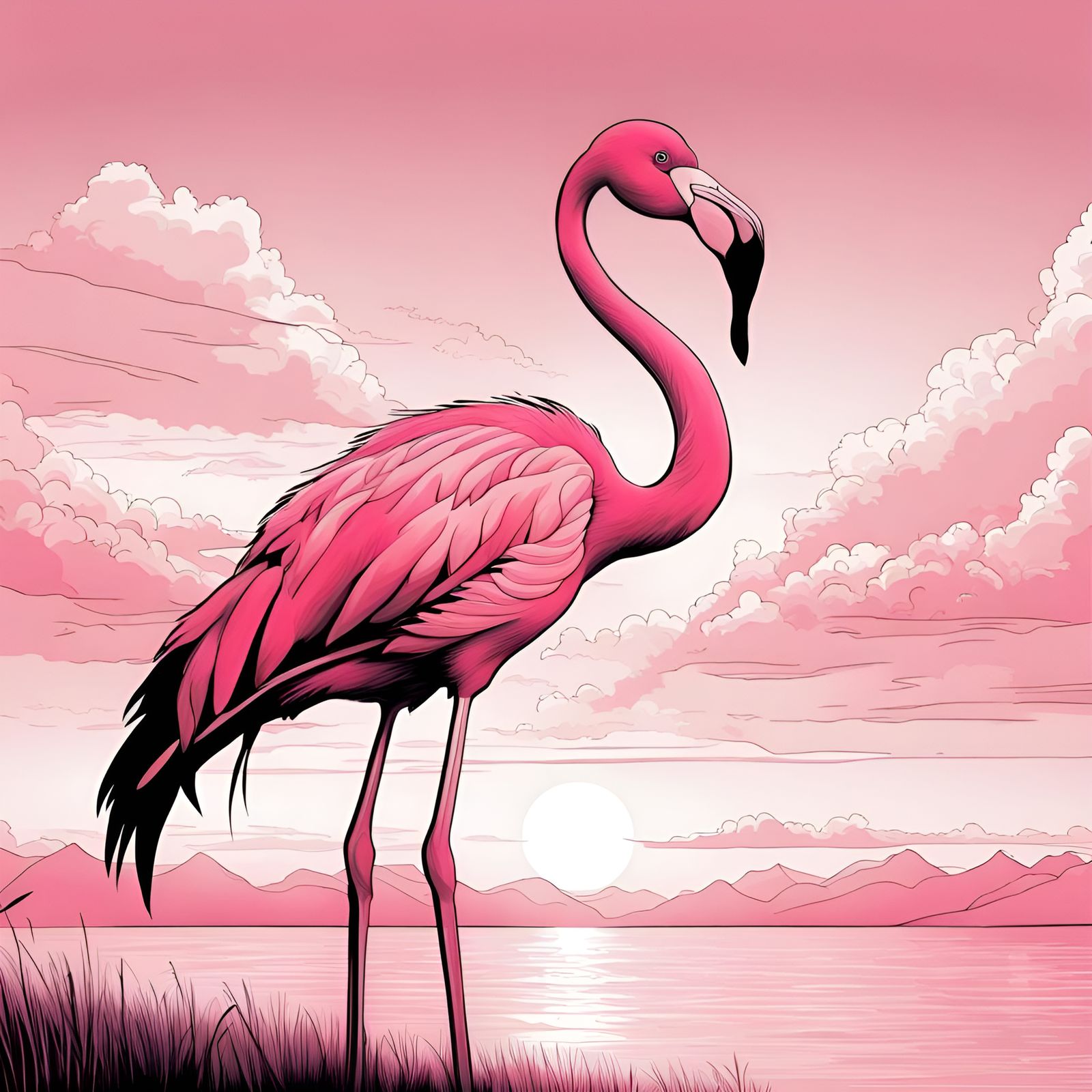 Pink Flamingo Sunset: Monochromatic Digital Art