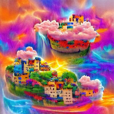 Lush Floating Island City with Waterfalls