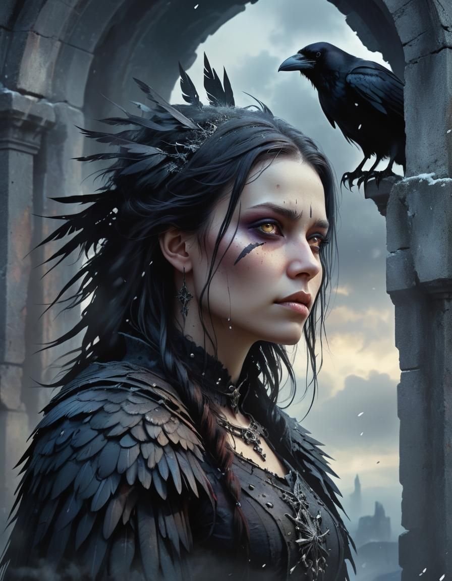 Gothic crow woman,  , deep battles ruins background, sunny d...