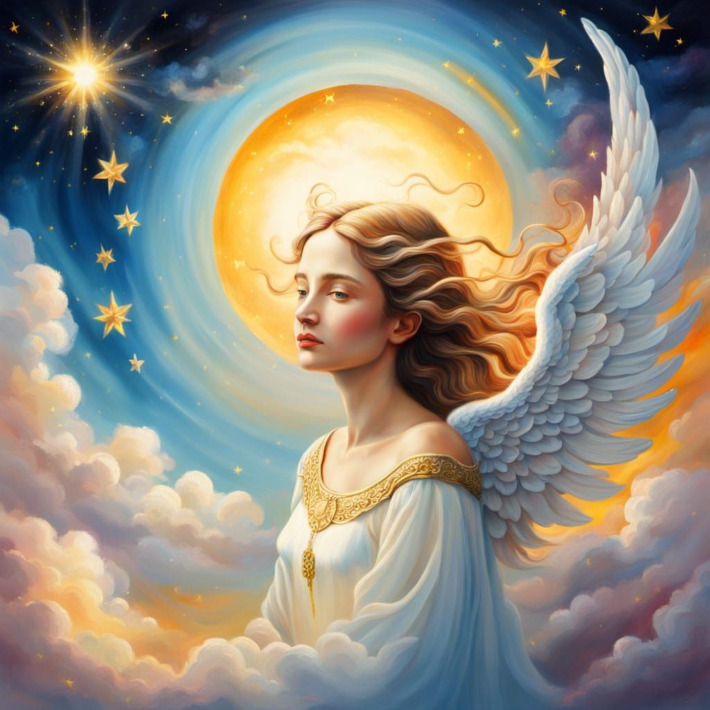 Ethereal Angel on Half Moon in Surrealist Oil Painting