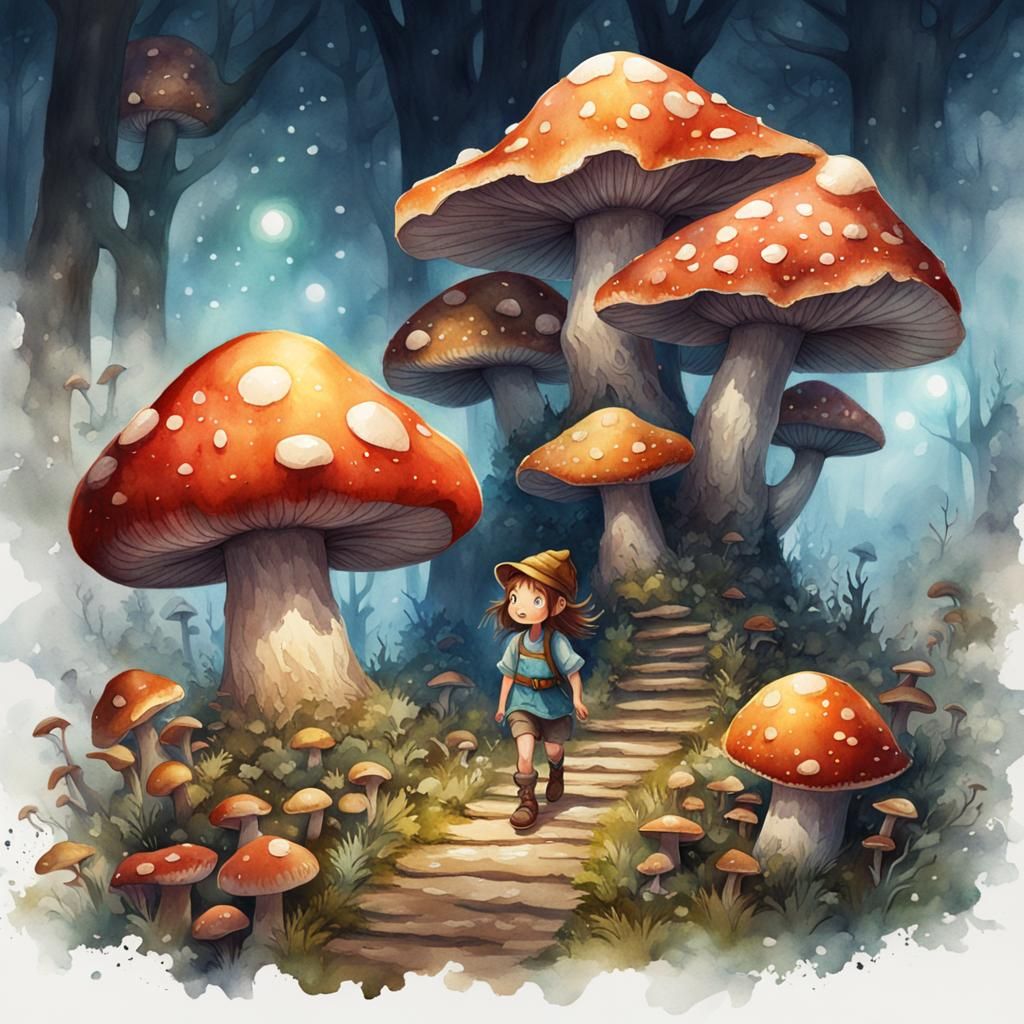 Happy Girl in Mushroom Kingdom: Watercolour Art