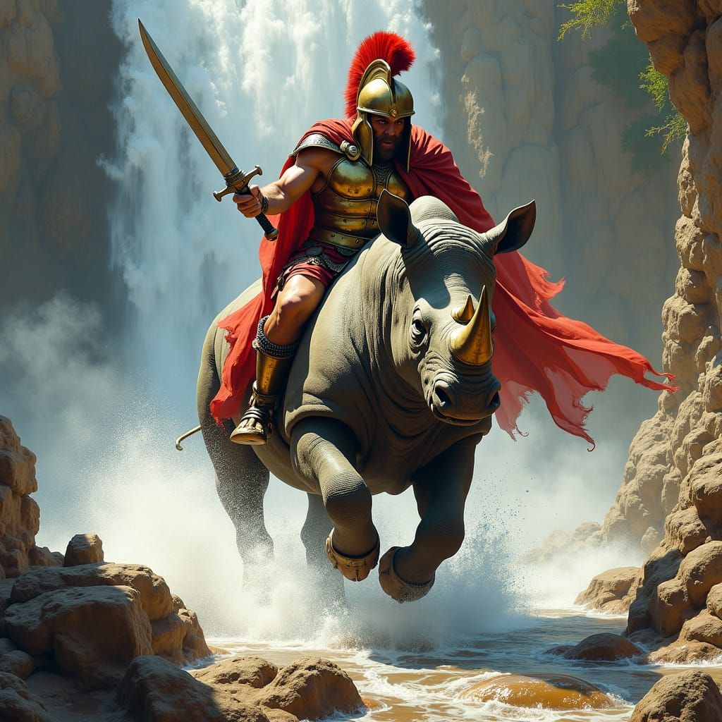 Spartan Warrior on Rhinoceros Charging into Battle