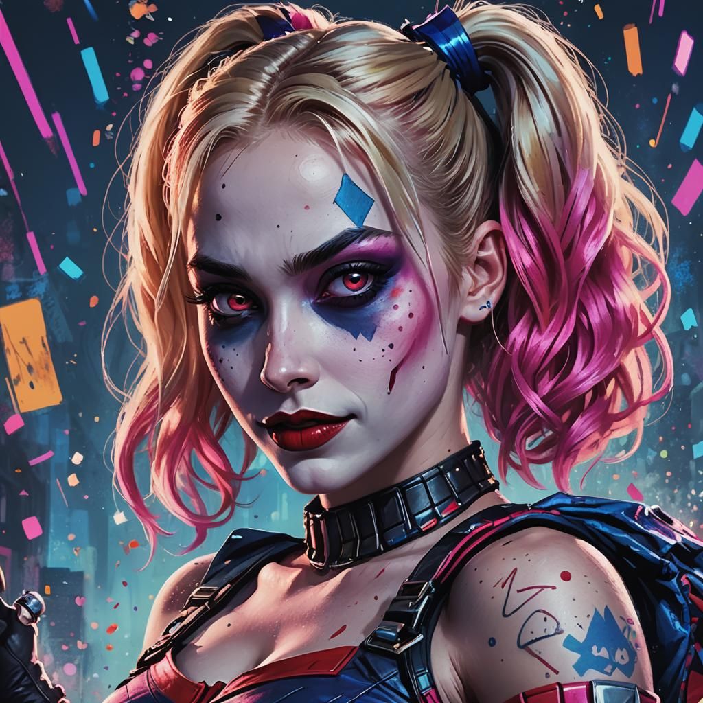 Harley Quinn Splash Art Portrait in Neon Colors