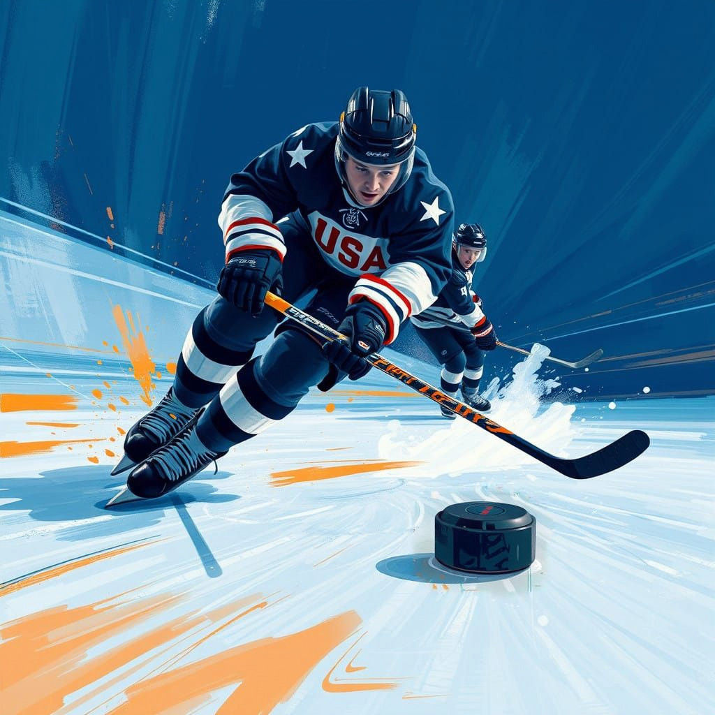 Speeding American Hockey Player Chases Puck in Abstract Art