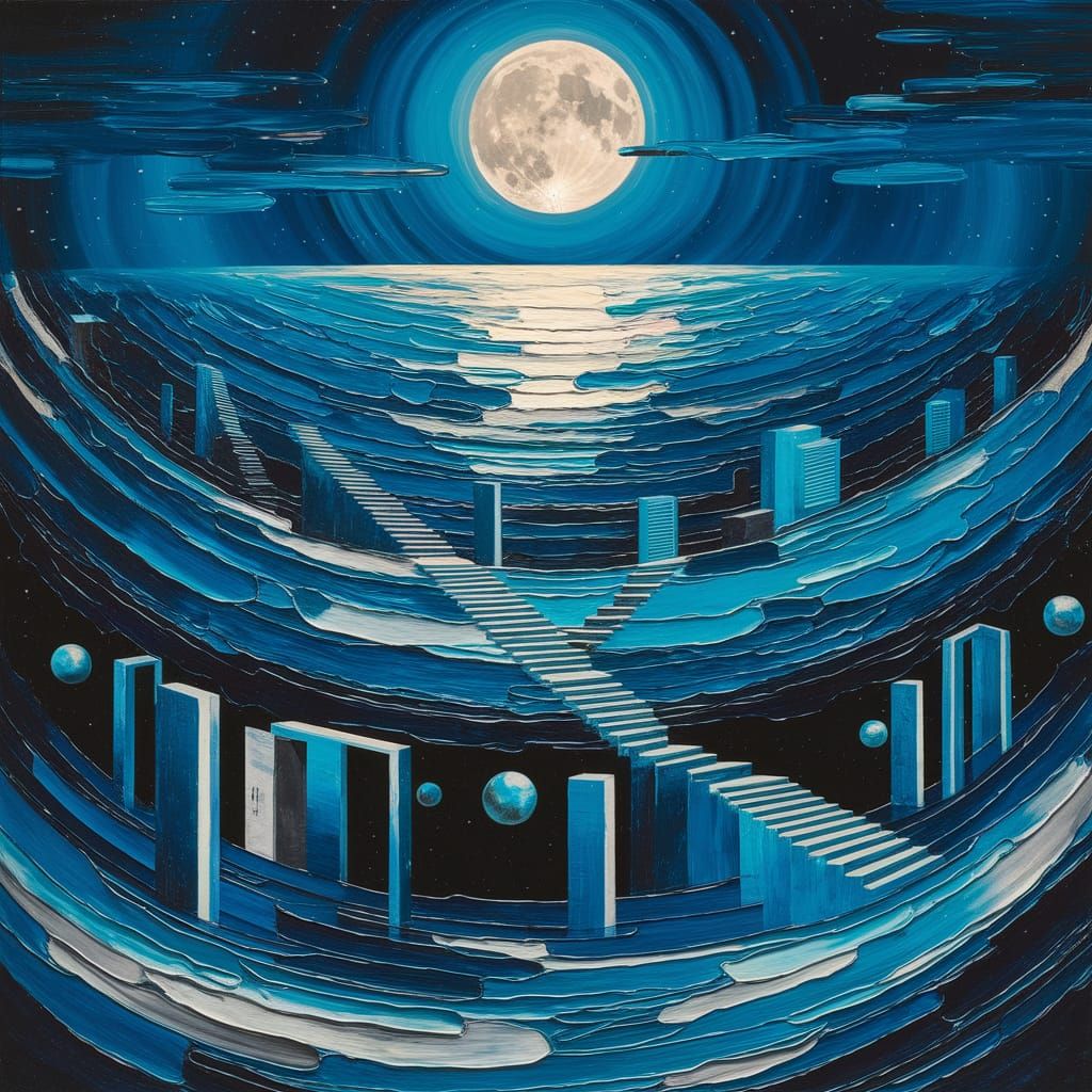 Surreal Moonlit Dreamscape in Blue Oil Paint