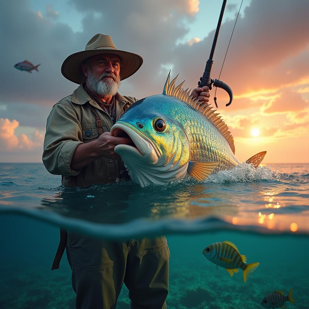 Fisherman's Iridescent Catch in Fantasy Seascape