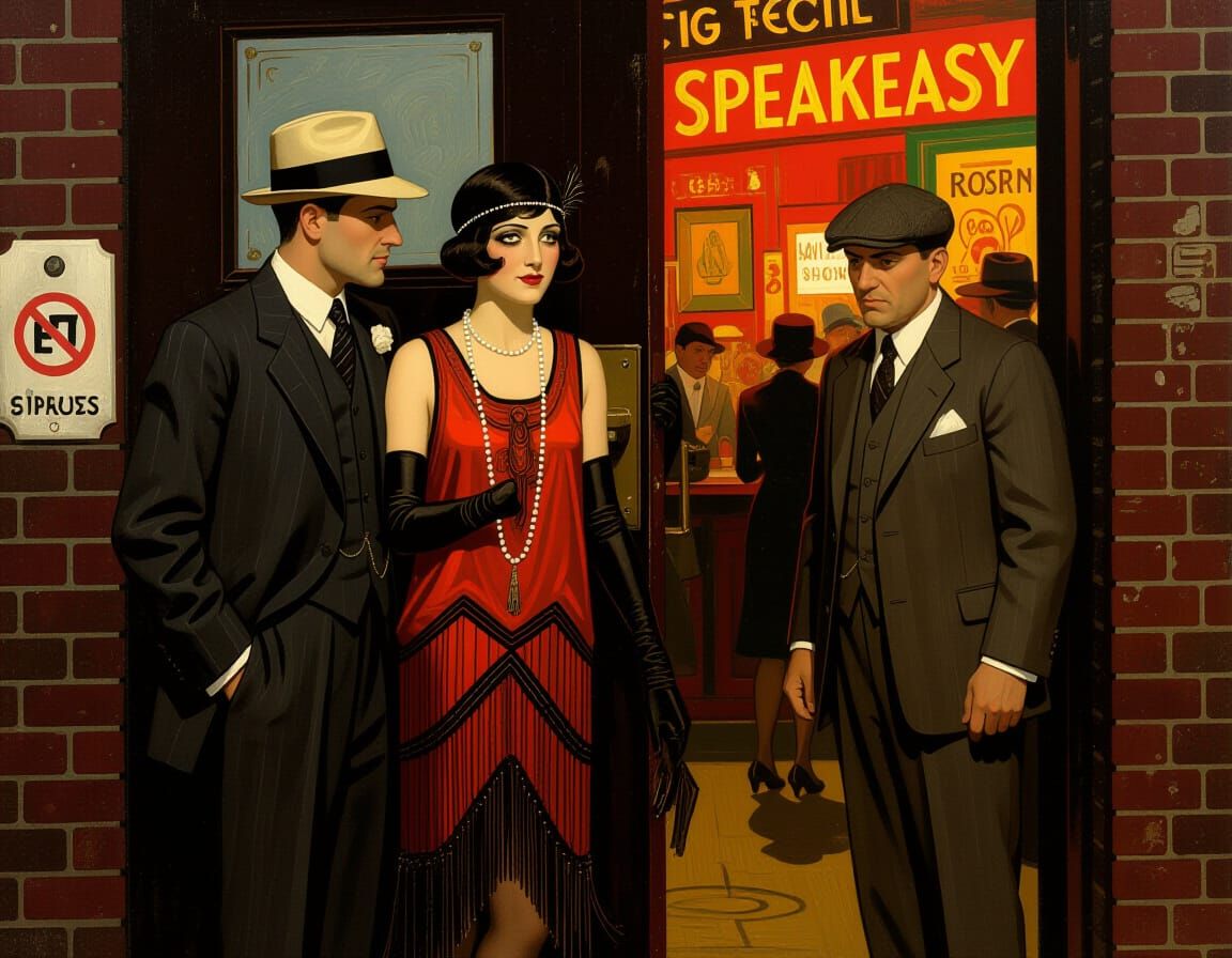 Speakeasy Encounter in Bold Figurative Style