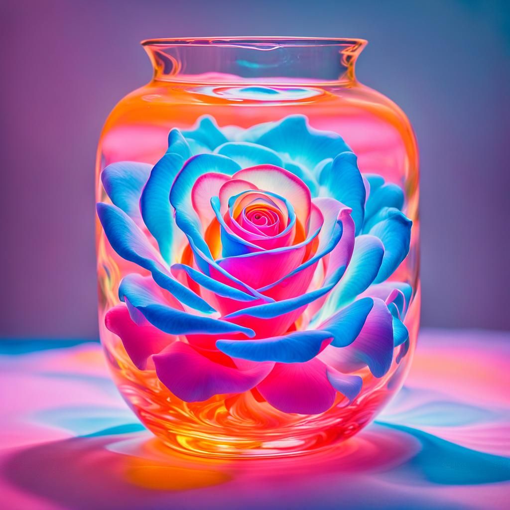 Neon Surrealism: Rose Emerging from Fluorescent Liquid