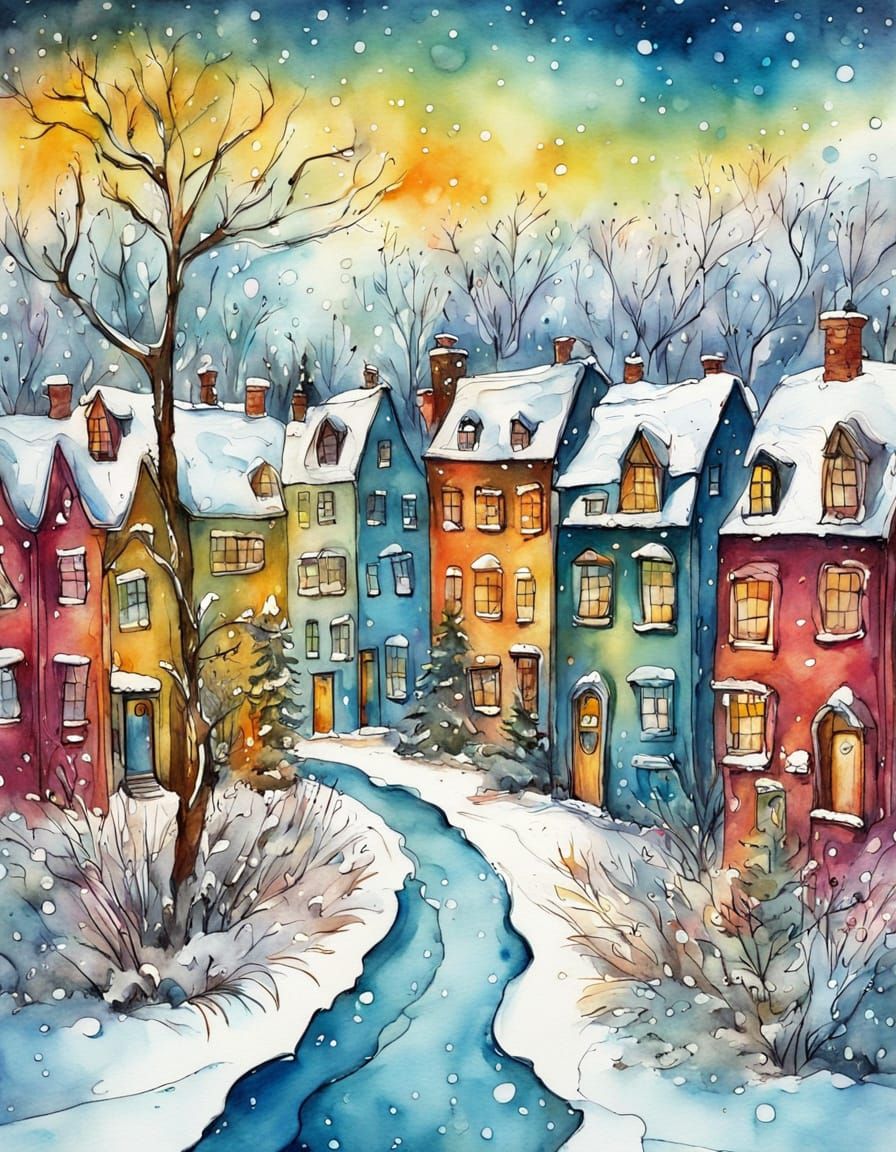 Whimsical Winter Wonderland: Vibrant Townhouses in Snowy Sce...