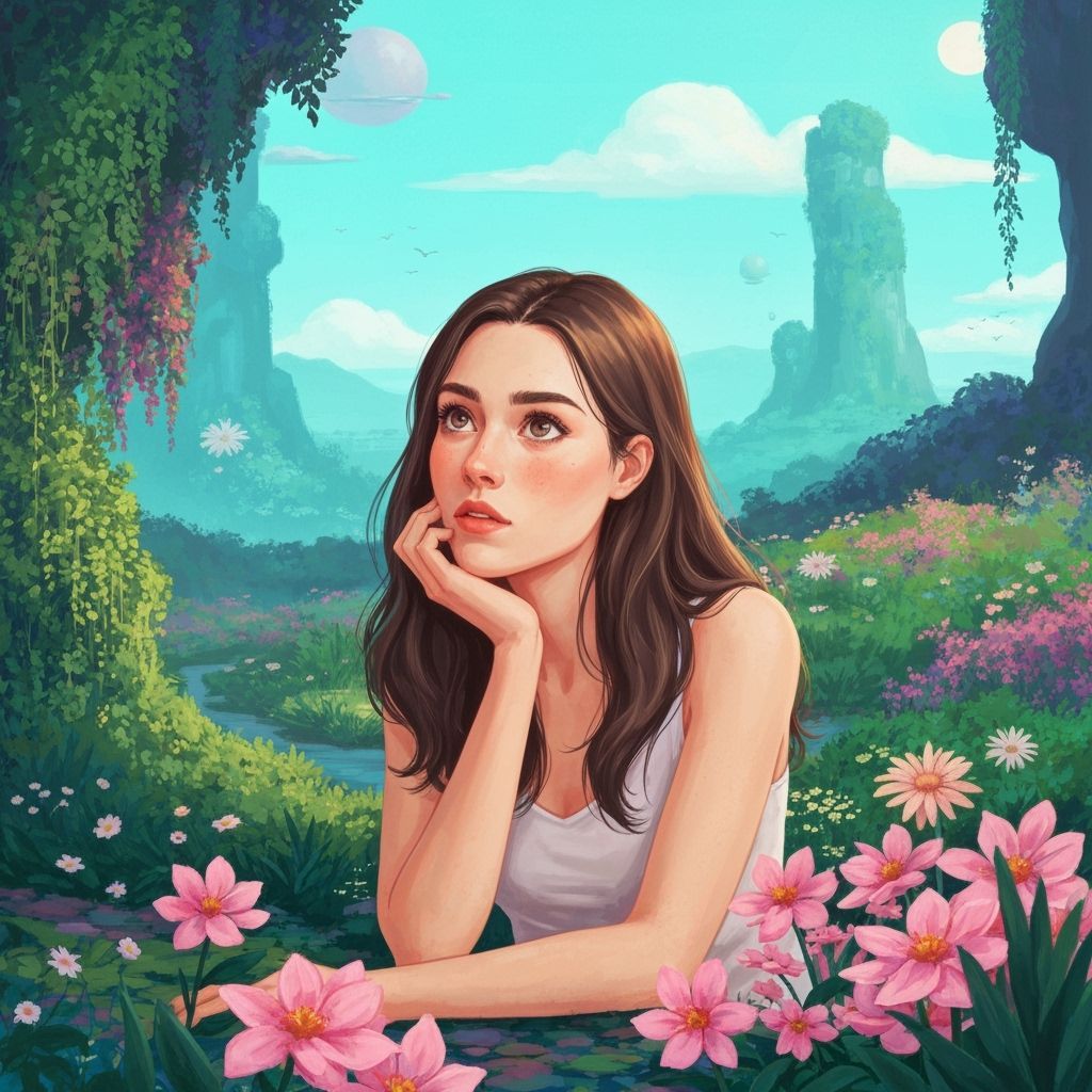Ethereal Woman in a Whimsical Blooming Landscape