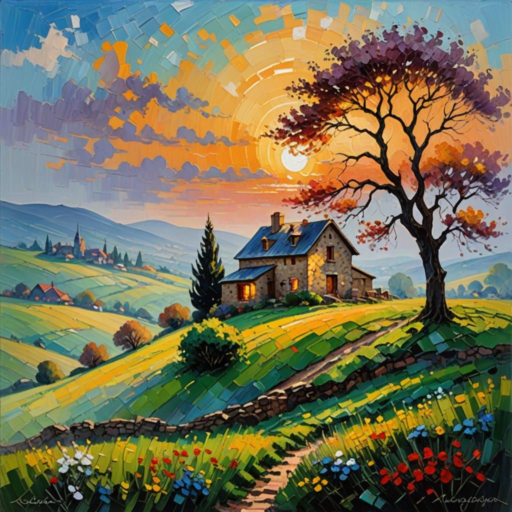Impressionist Stone Farmhouse at Sunrise