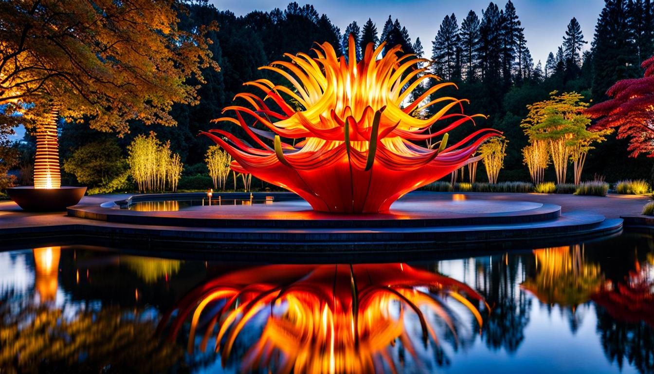 Futuristic Glass Flame Fountain at Blue Hour