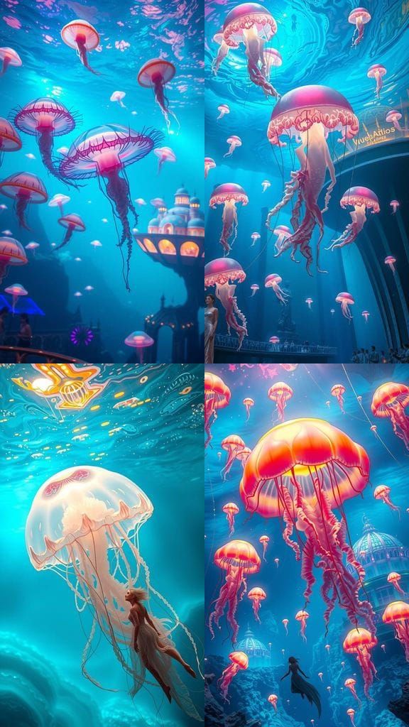 Bioluminescent Jellyfish Over Underwater City