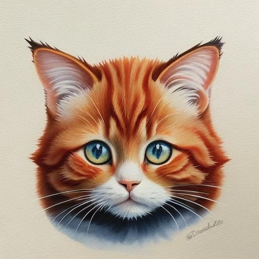Cute Ginger Cat Gouache Painting