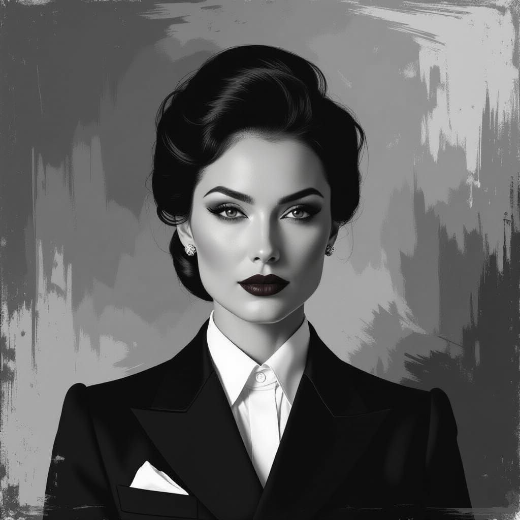 Stern Woman in Monochrome, Photorealistic Portrait