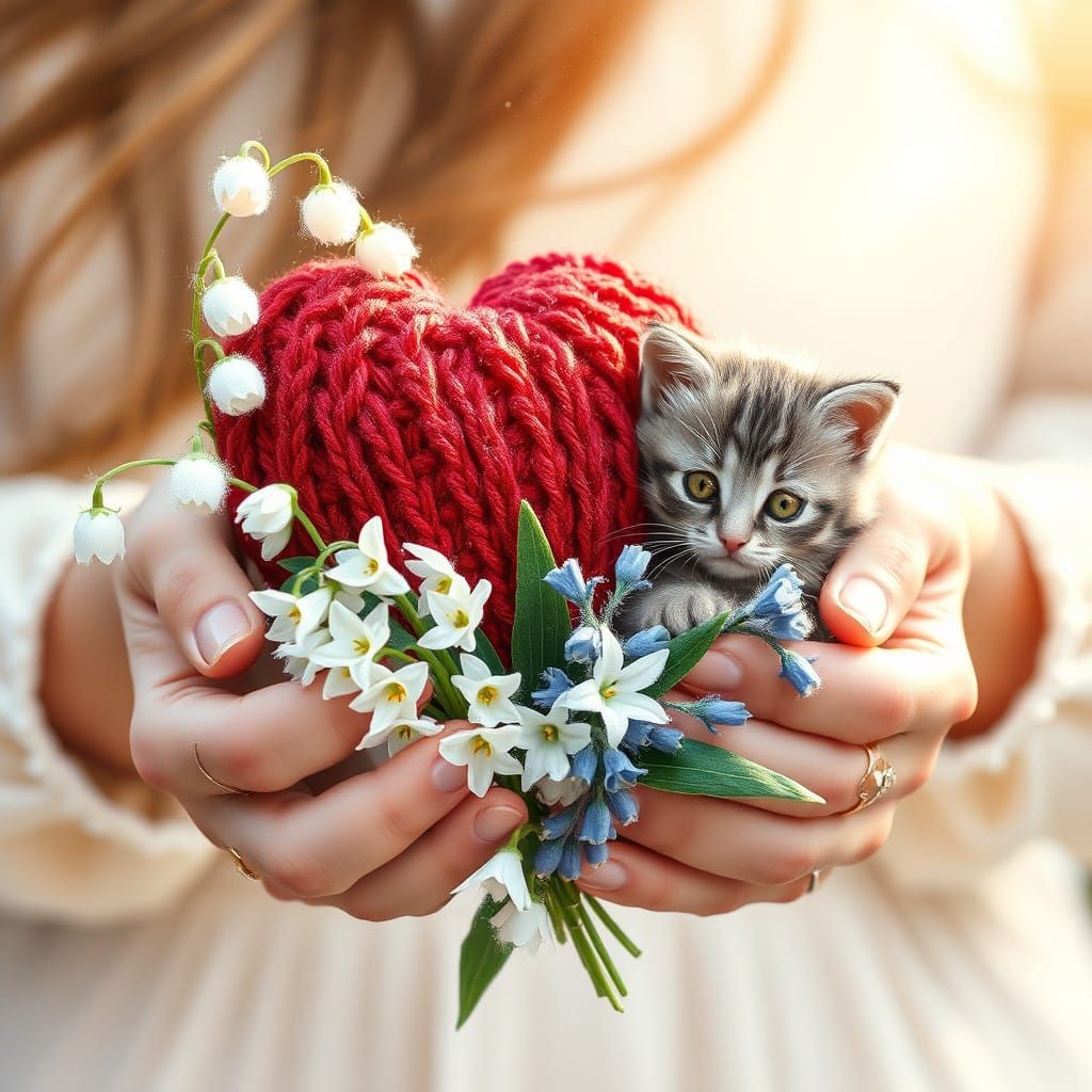 Whimsical Spring Scene with Delicate Hands and Furry Kitten