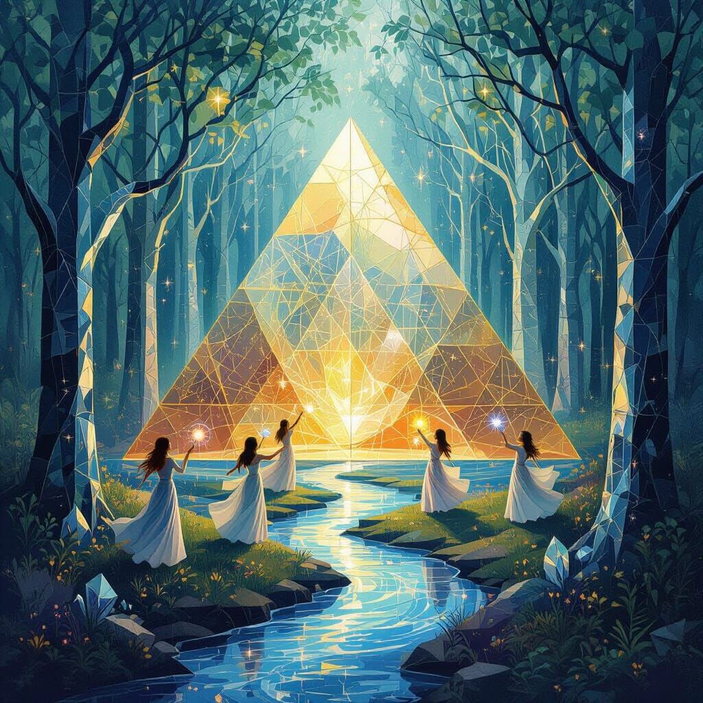 Astral Pyramid Amidst Crystalline Forest, Cubist Style