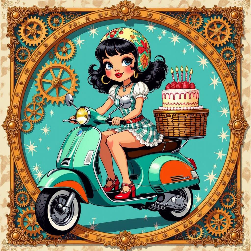 Rock and Roll Girl on Vespa in Surrealist Style