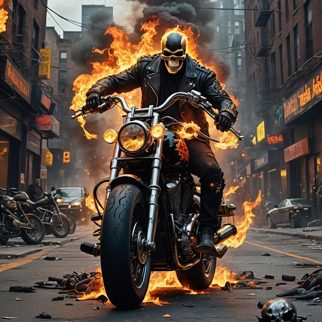 Ghost Rider on Flaming Bike in Neon Cityscape