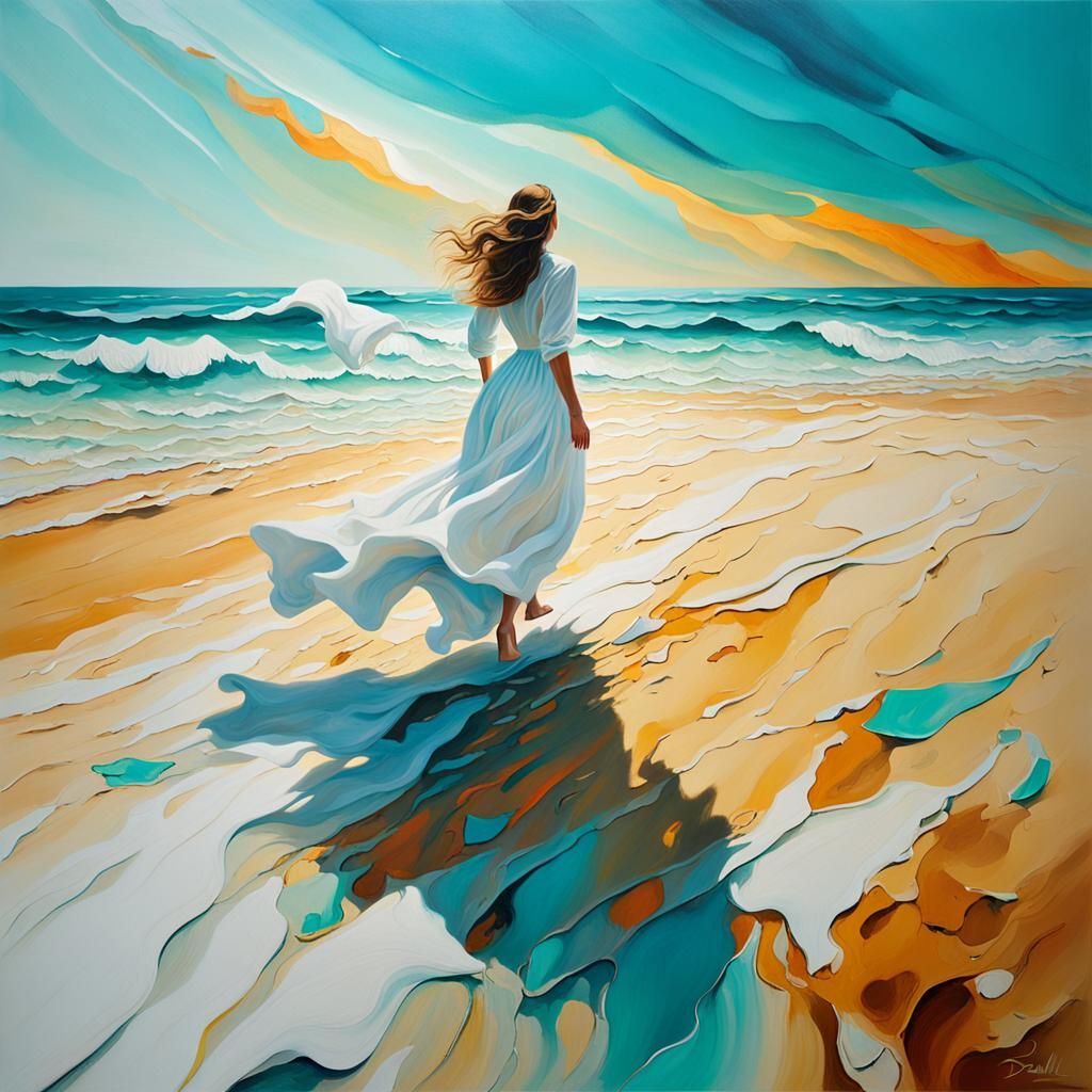 Surreal Beach Scene with Crashing Waves, Oil Painting