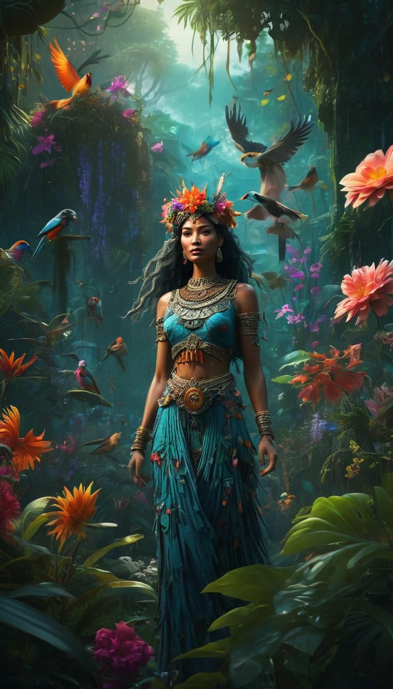 Flower Goddess in Jungle, Fantasy Concept Art