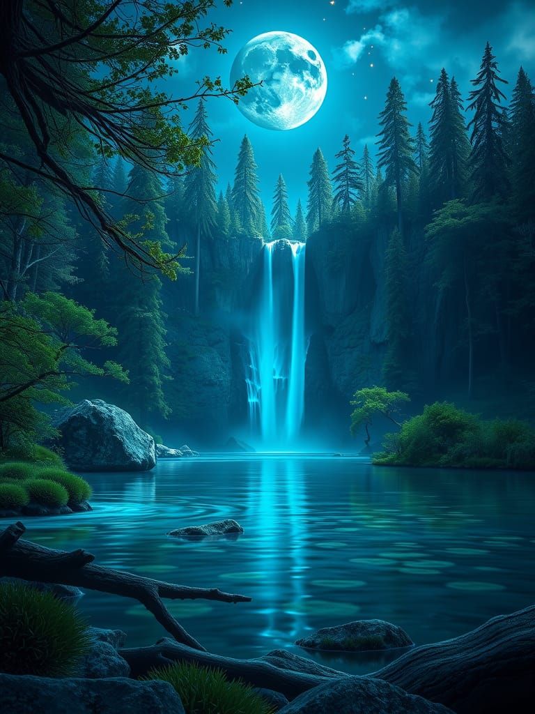 Enchanted Waterfall Landscape at Night