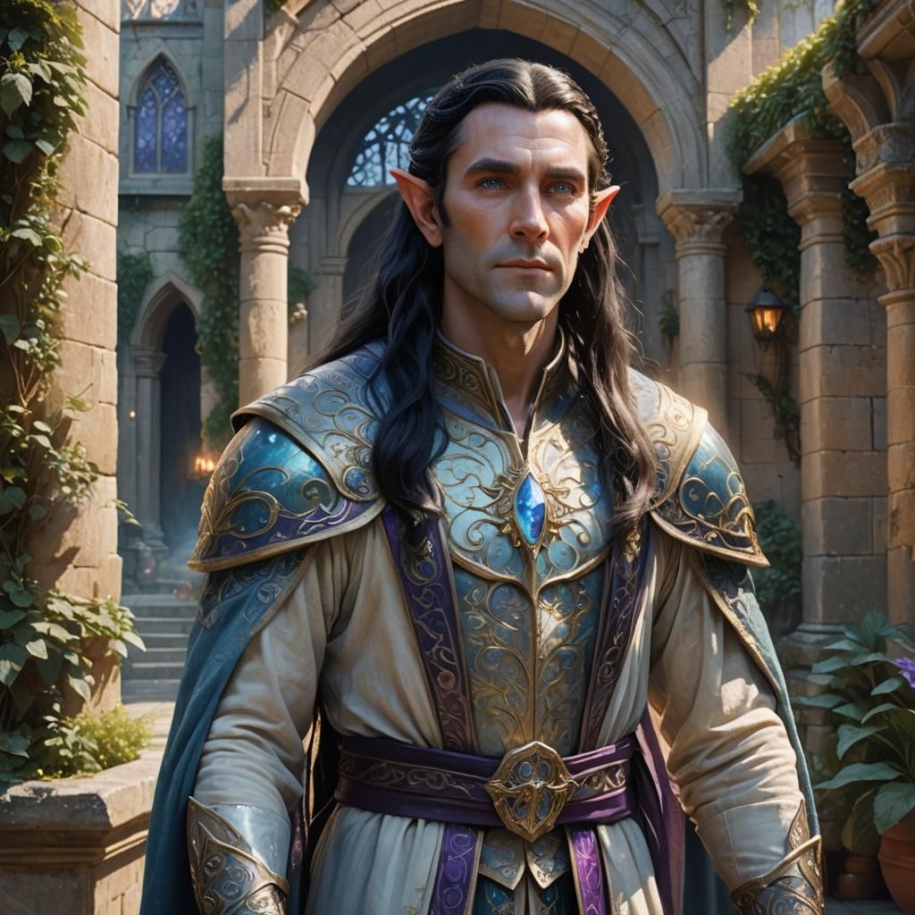 A tall male  in his late 50's elf with very long black hair,...