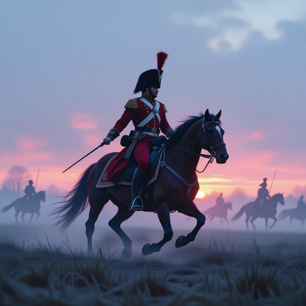 Napoleonic Hussar Charges Across Foggy Battlefield