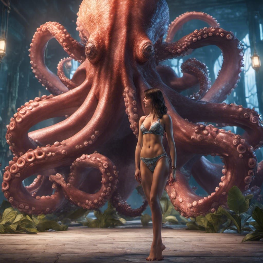 Giant Octopus and Woman: 3D Game Cinematic Render