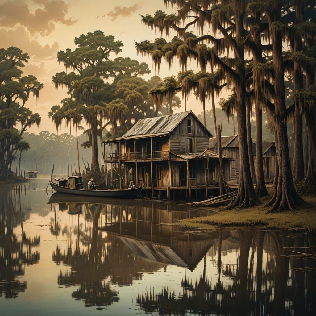 Southern Gothic Bayou Scene with Fisherman and Shack