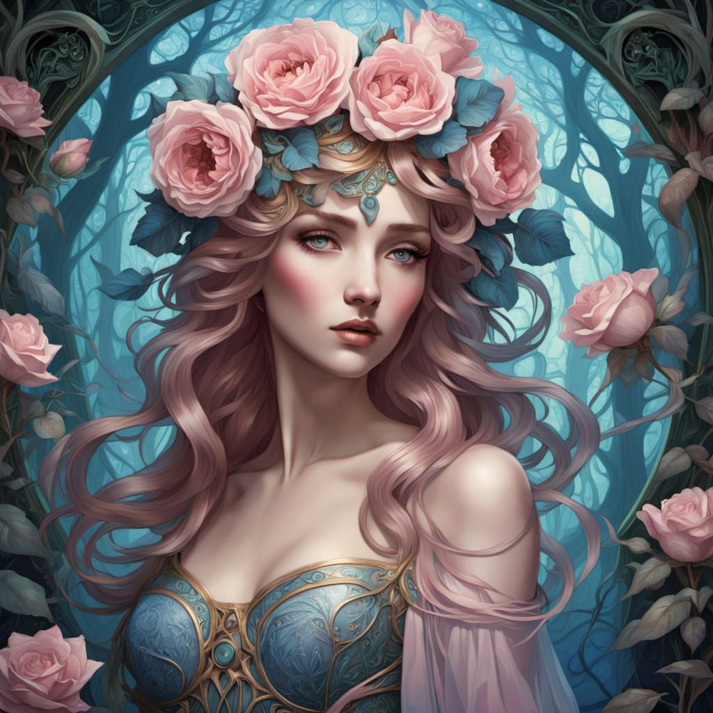 Pink and Blue Rose Dryad in Mystical Forest