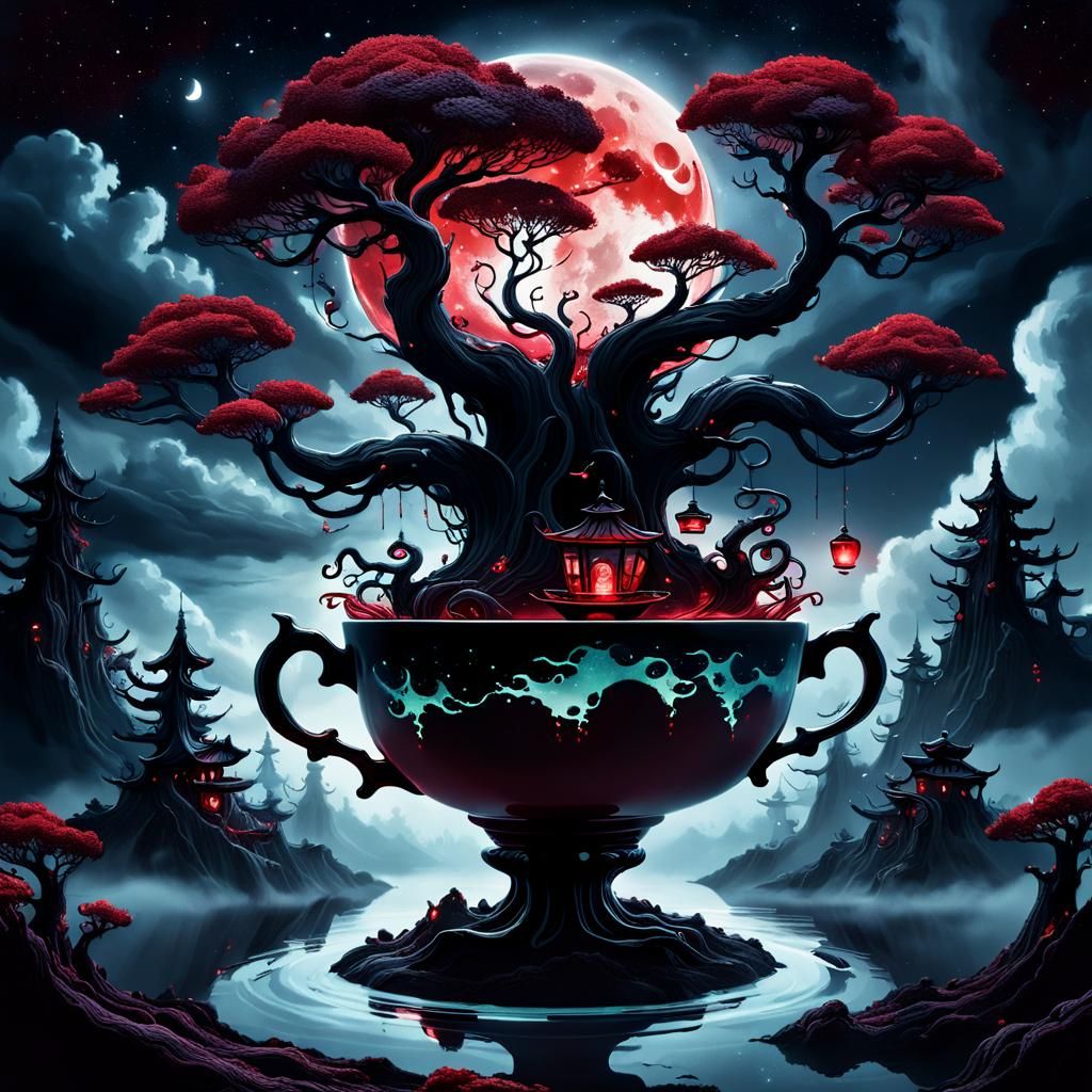 Eldritch Floating Island in Teacup, Watercolor Style