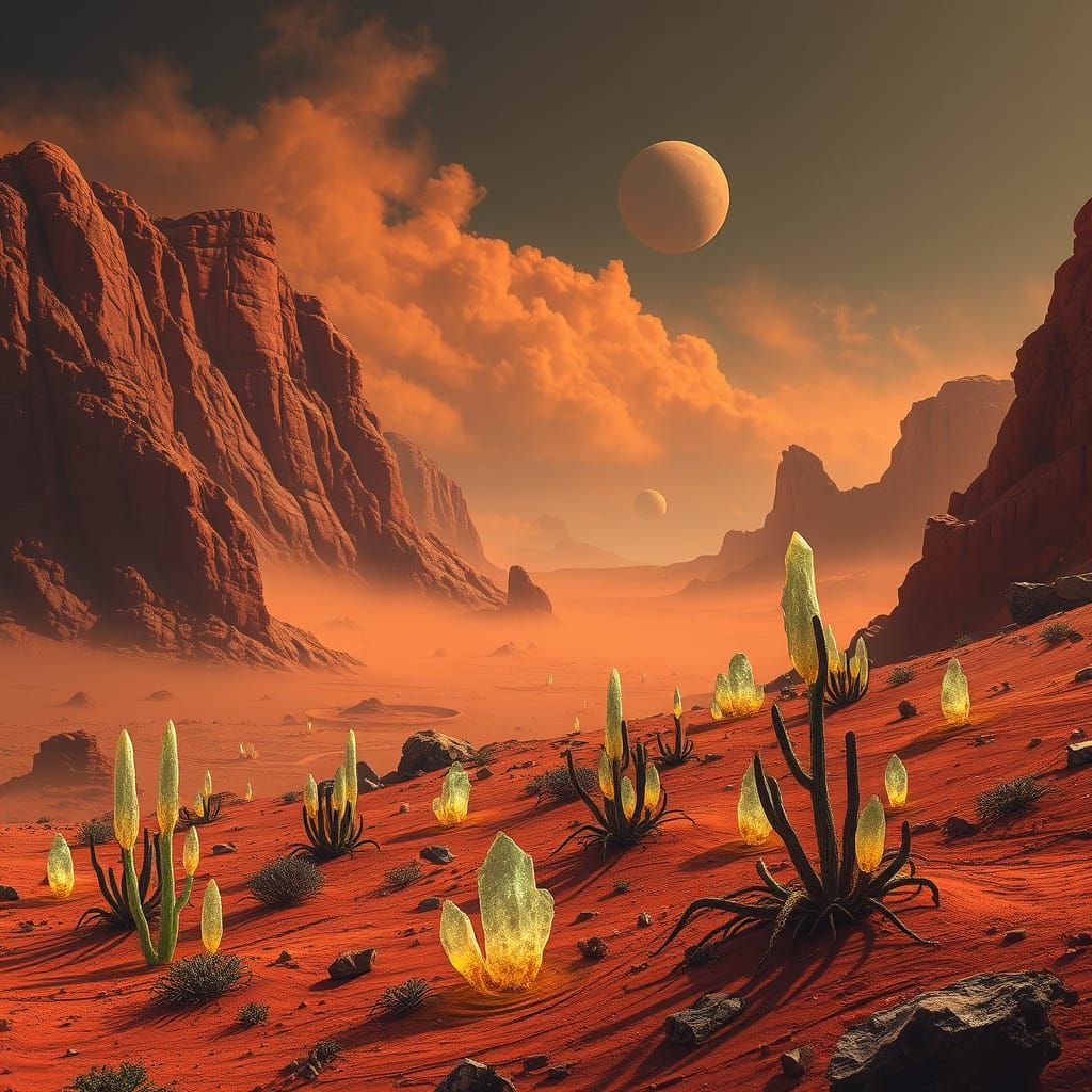 Martian Landscape with Alien Plants and Glowing Crystals