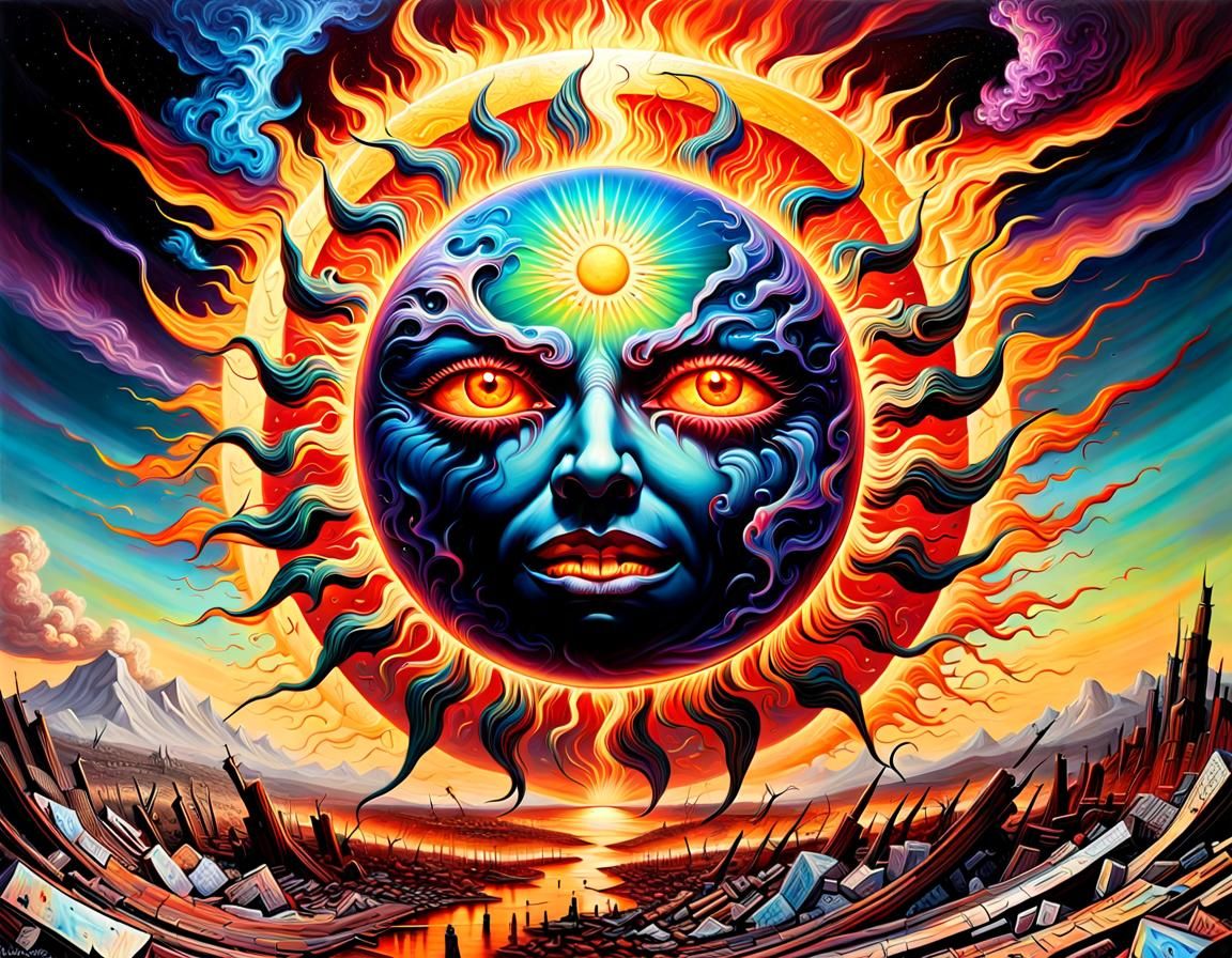 Apocalyptic Sun Over Destroyed Earth in Oil Painting