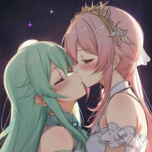 Anime Yuri Wedding Kiss: Cute Cel-Shaded Illustration