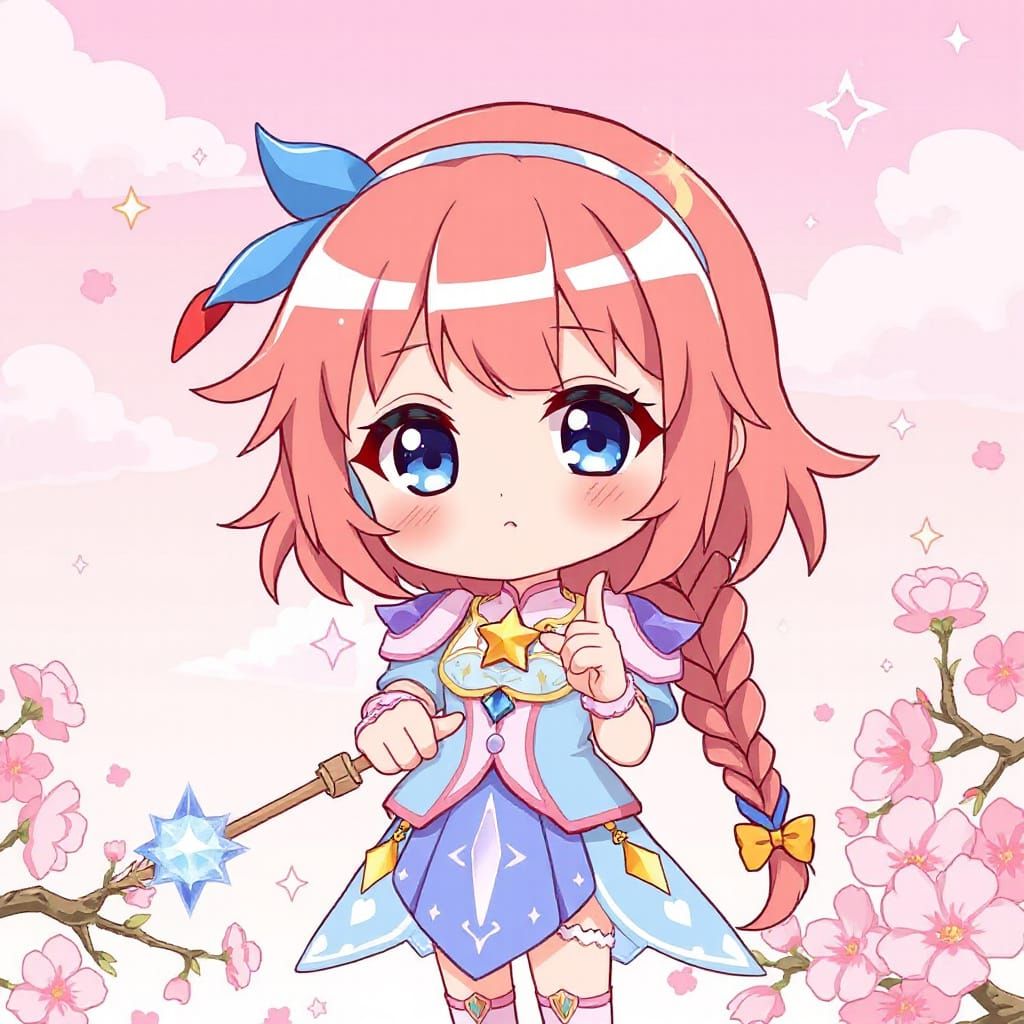 Magical Chibi Girl with Rainbow Hair in Anime Style