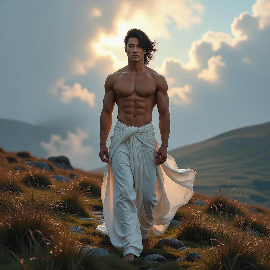 Hyperrealistic Man on Windswept Moor in Bright Light