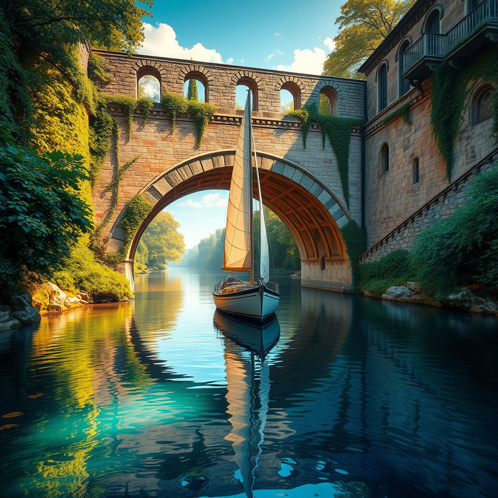Sailboat Glides Down Sun-Drenched Stream in Surreal Style