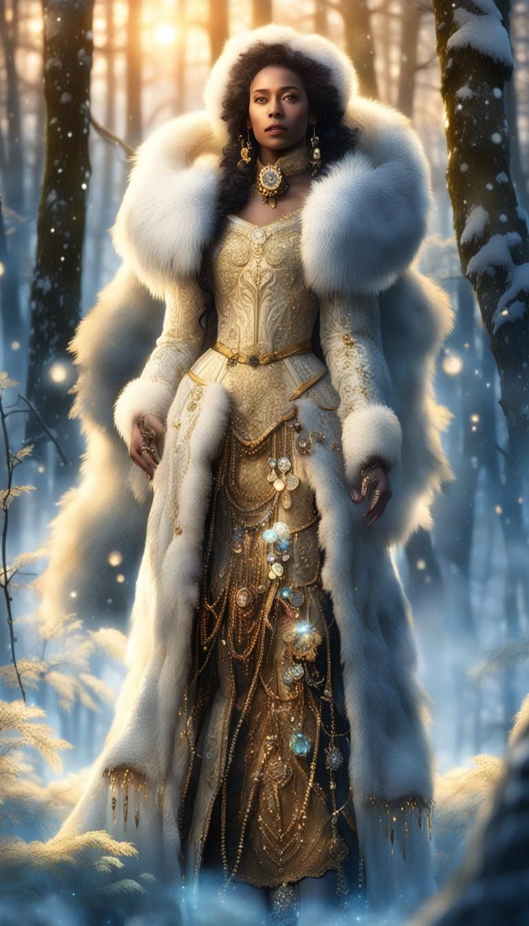 Opulent Woman in Snowy Forest, Digital Painting