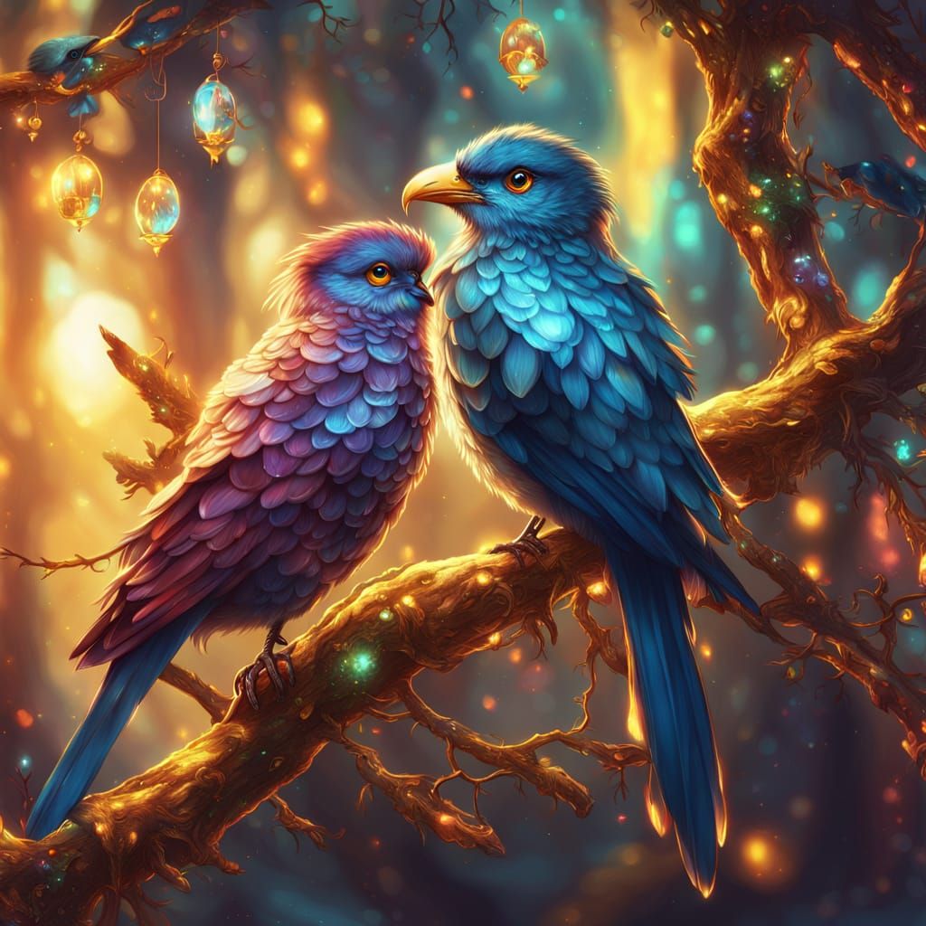 Fantasy Birds with Gemstones in Mystic Forest
