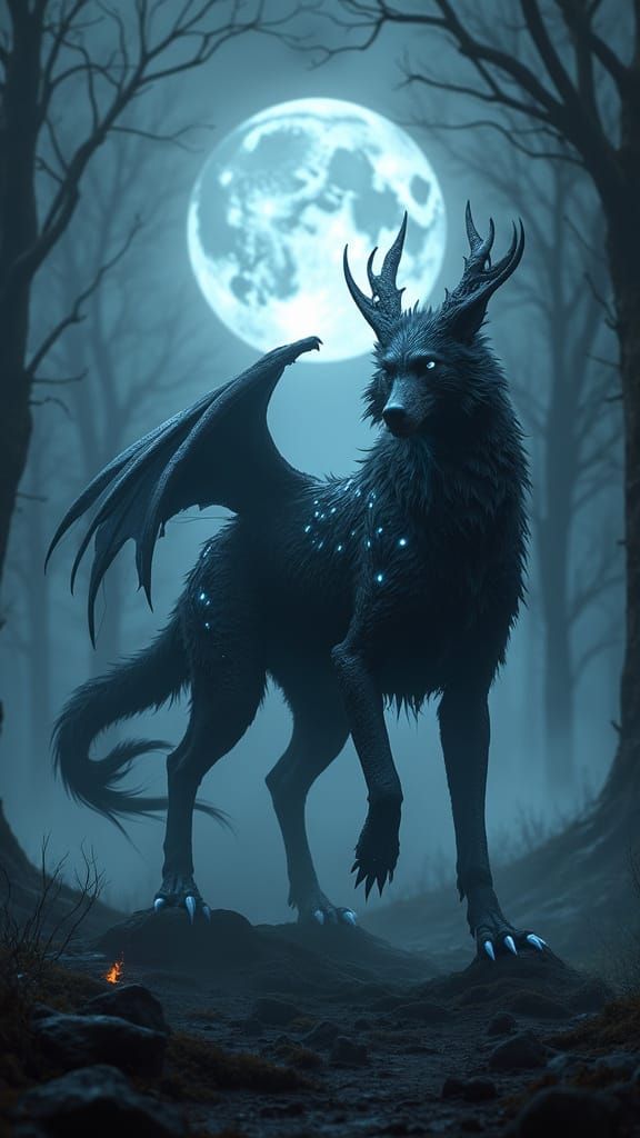 Majestic Wolf-Dragon Hybrid in Dark, Misty Forest