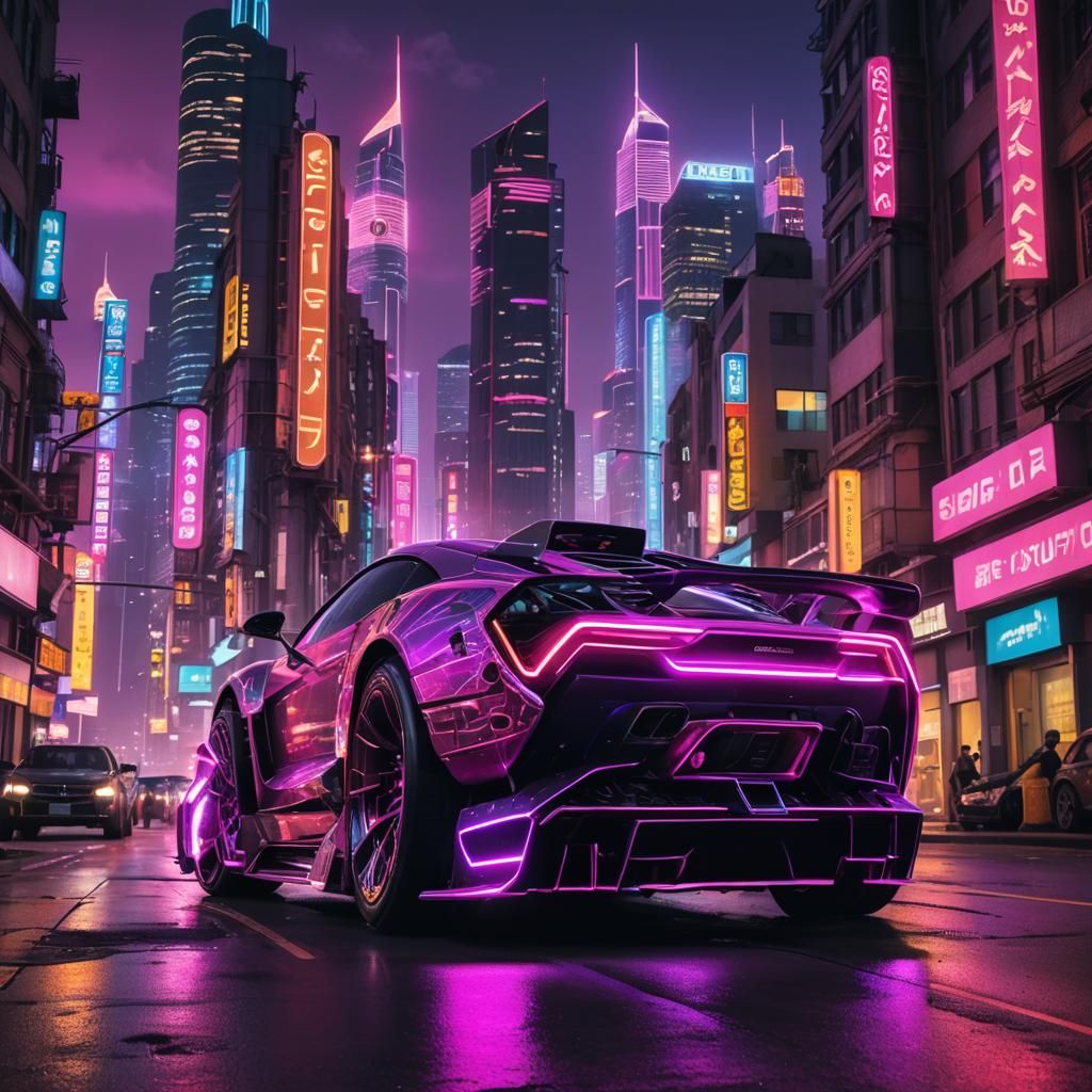 Supercar Escapes Cyberpunk City in Neo-Impressionist Style