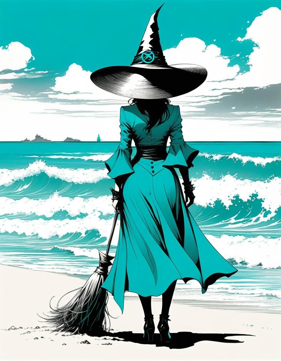 Turquoise Witch on Beach in Ink Art Style